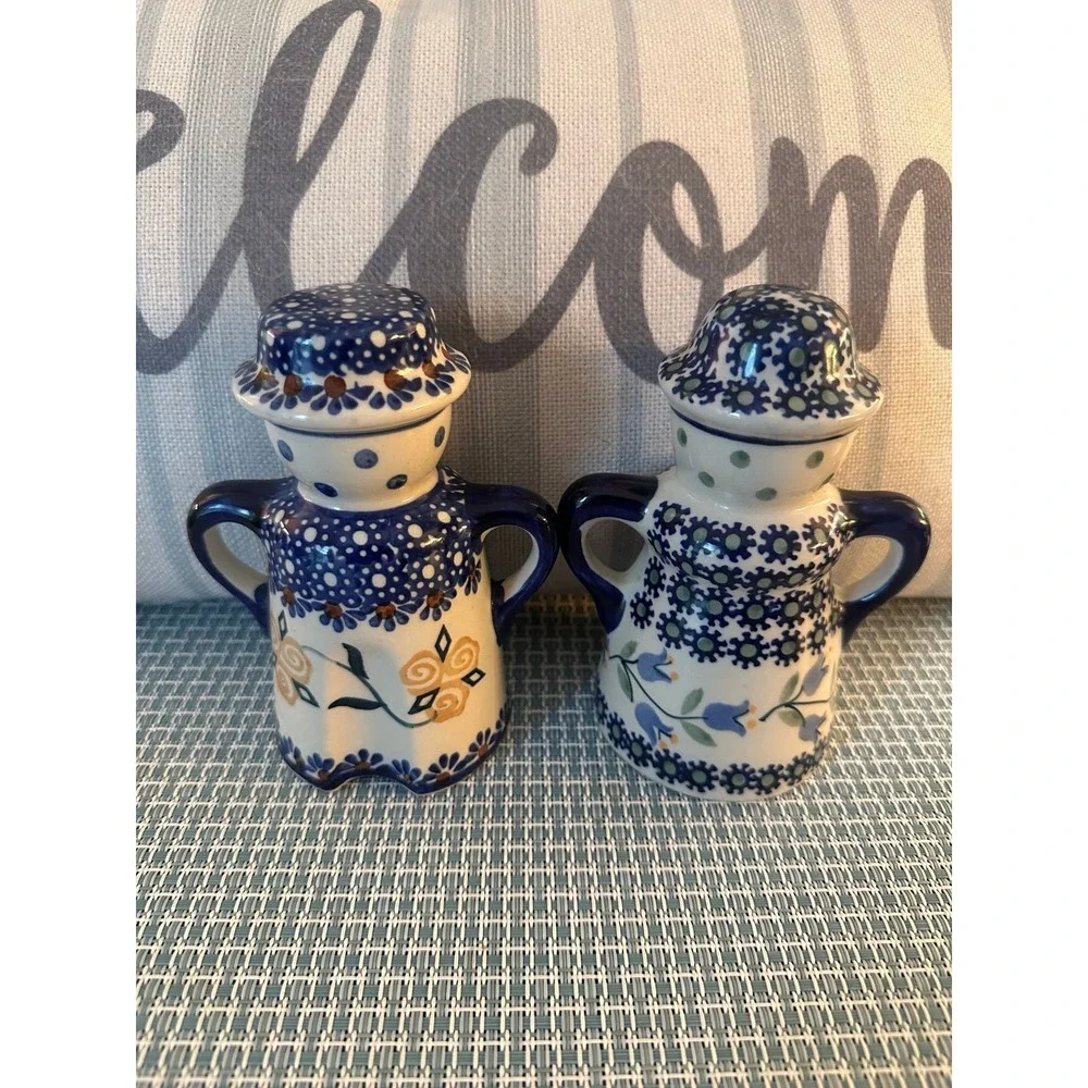Mankufaktura Polish Pottery Salt/Pepper Shakers Blue/White Boleslawiec Set